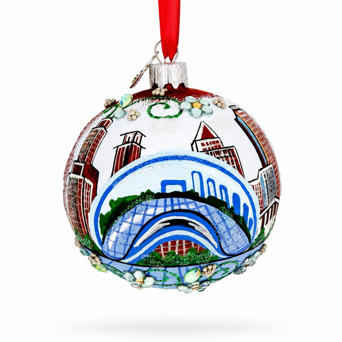 Chicago Cityscape Reflections Glass Ball Christmas Ornament 3.25 Inches in Blue color Round