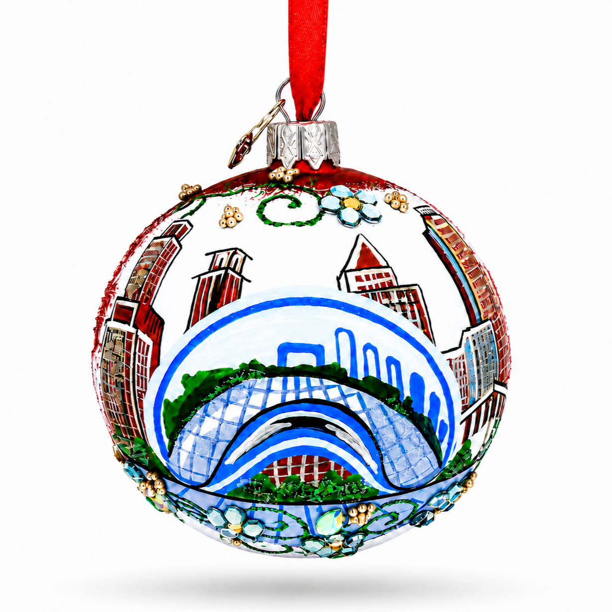 Chicago Cityscape Reflections Glass Ball Christmas Ornament 3.25 Inches in Blue color Round
