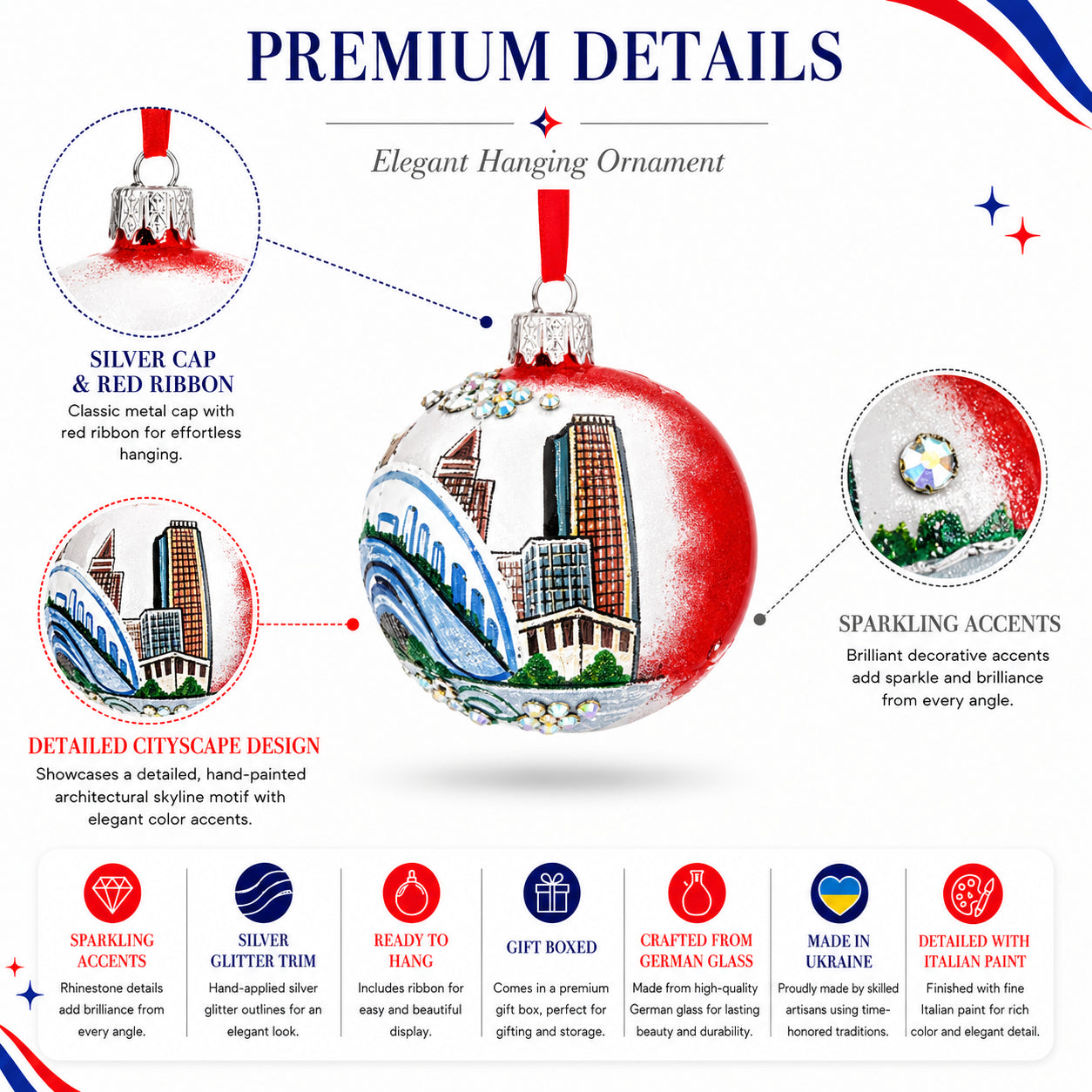 BestPysanky online gift shop sells chicago cityscape reflections glass ball christmas ornament ornaments travel north america usa illinois blue cm material crafted german creation method mouth blown hand painted finish detailed italian paint accent enhanced colorful ribbon hanging