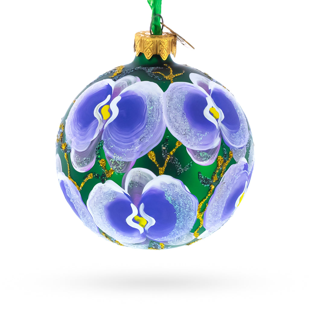Blue Orchids on Verdant Green Glass Ball Christmas Ornament 3.25 Inches in Green color Round