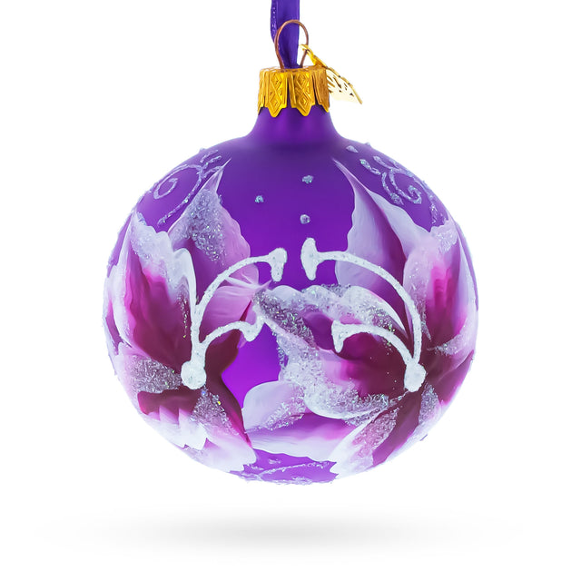 Purple Lily Blossoms Glass Ball Christmas Ornament 3.25 Inches in Purple color Round