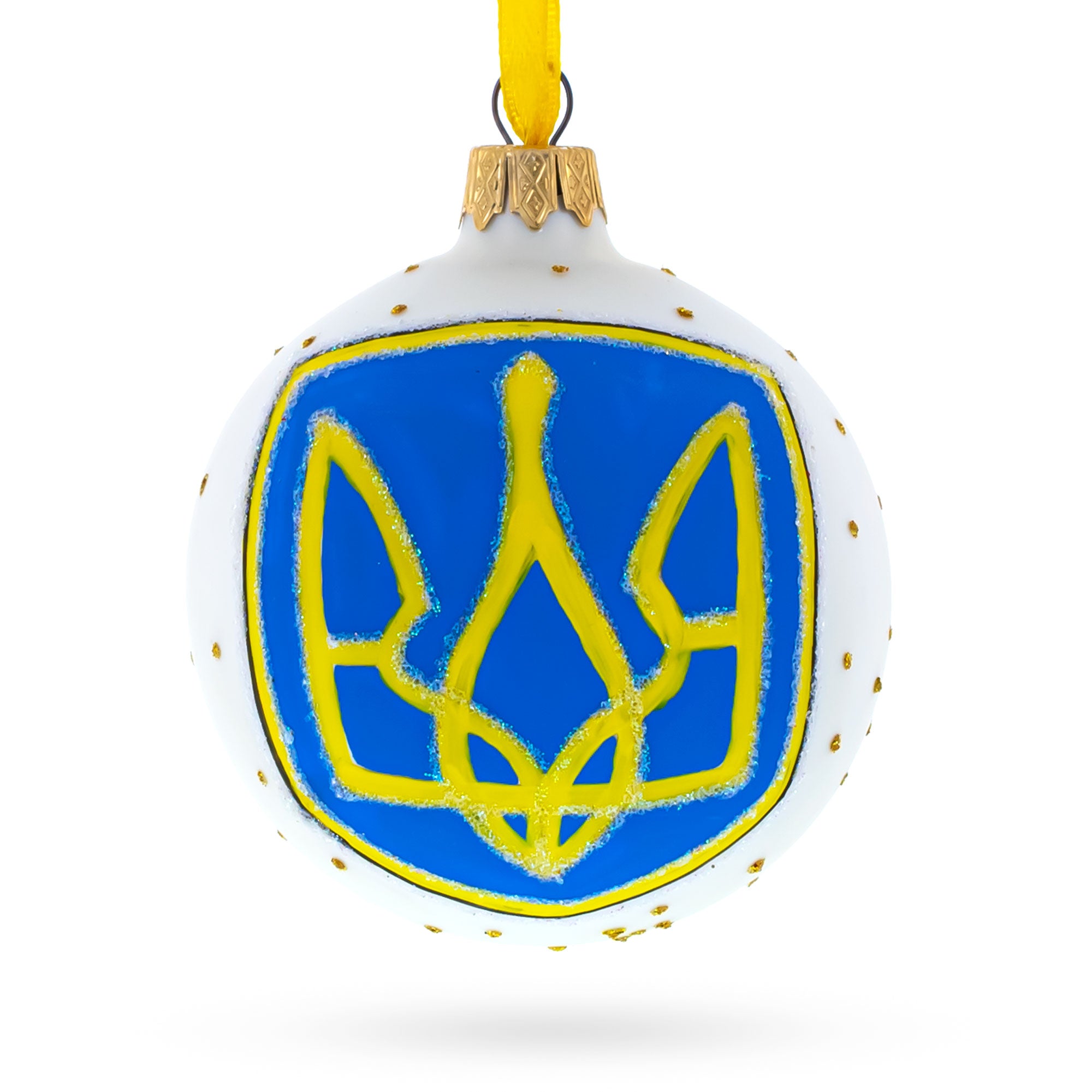 Ukrainian Coat of Arms Glass Ball Christmas Ornament 3.25 Inches in White color Round