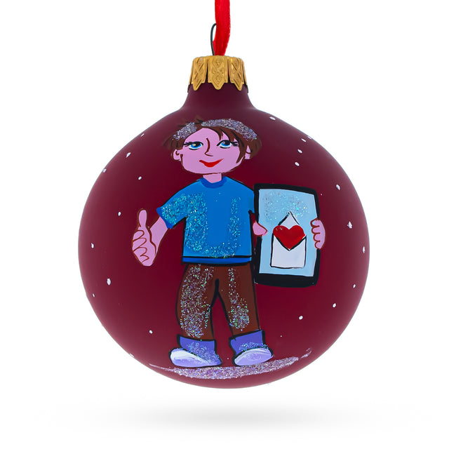 I Love my Phone Blown Glass Ball Christmas Ornament 3.25 Inches in Red color, Round shape