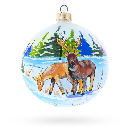 Majestic Deer in Winter Forest Glass Ball Christmas Ornament 4 Inches in Multi color Round