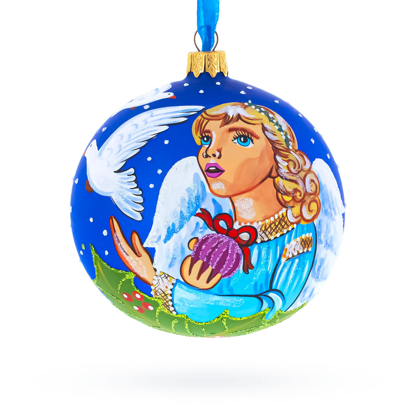 Angel with Peace Pigeons Glass Ball Christmas Ornament 4 Inches in Blue color Round