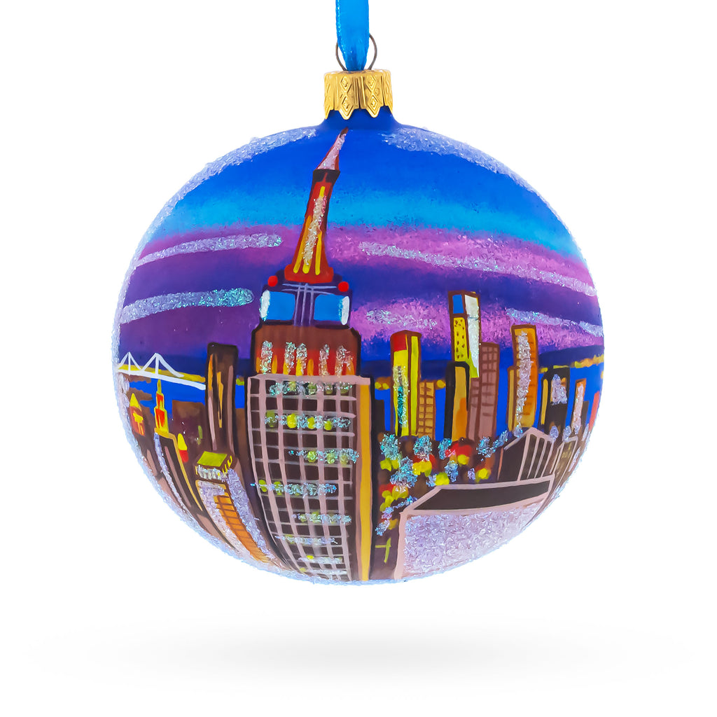 New York City at Night Glass Ball Christmas Ornament 4 Inches in Multi color Round