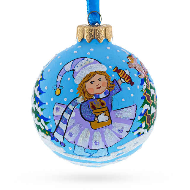 Glass Sweet Moments: Girl with Candy and Squirrel Blown Glass Ball Christmas Ornament 3.25 Inches in Blue color Round
