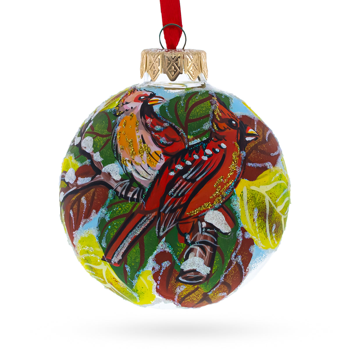 Glass Crimson Companions: Two Cardinal Birds Blown Glass Ball Christmas Ornament 3.25 Inches in Multi color Round
