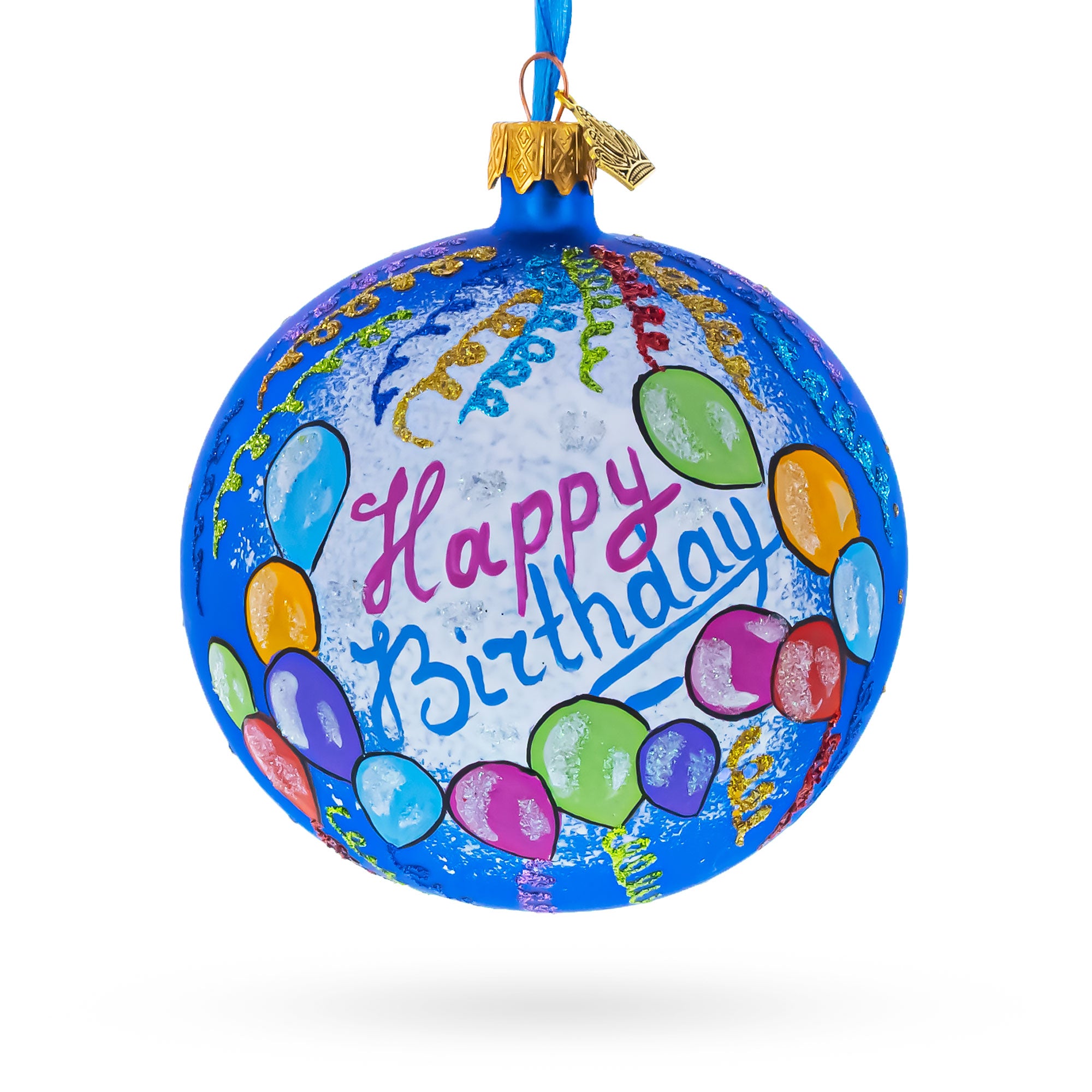 Happy Birthday Balloons & Cupcakes Glass Ball Christmas Ornament 4 Inches in Blue color Round