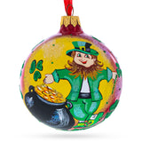 Lucky Leprechaun & Pot of Gold Blown Glass Christmas Ornament 4 Inches in Multi color, Round shape