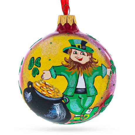 Lucky Leprechaun & Pot of Gold Blown Glass Christmas Ornament 4 Inches in Multi color, Round shape