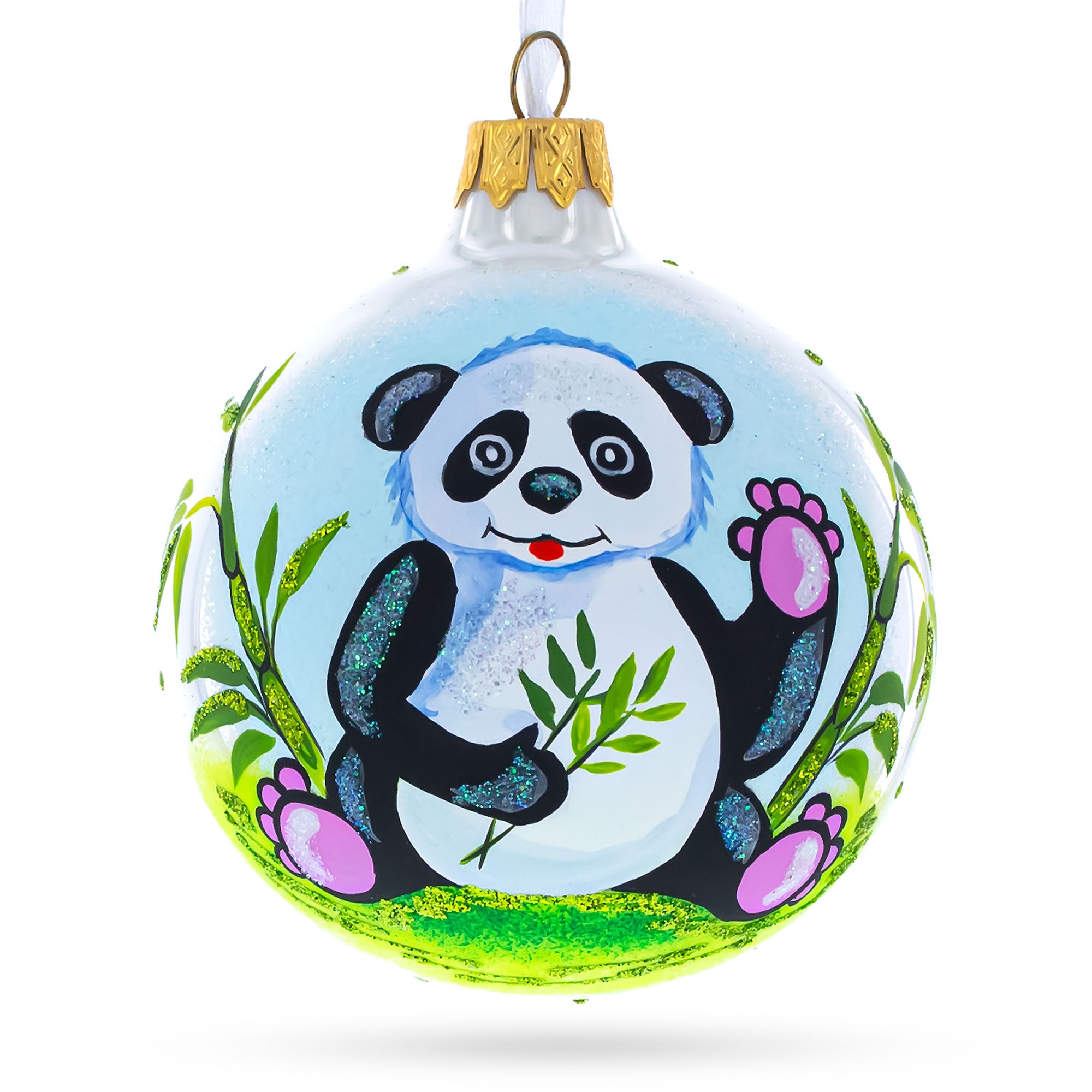 Panda with Bamboo Glass Christmas Ornament 4 Inches in Multi color Round