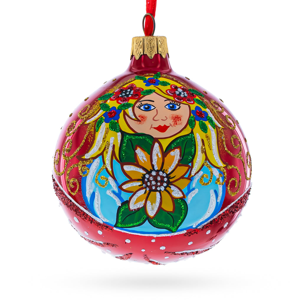 Flower Girl Glass Christmas Ornament 3.25 Inches in Red color Round