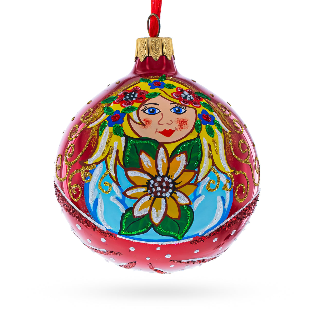 Glass Blossoming Beauty: Flower Girl Glass Christmas Ornament 3.25 Inches in Red color Round