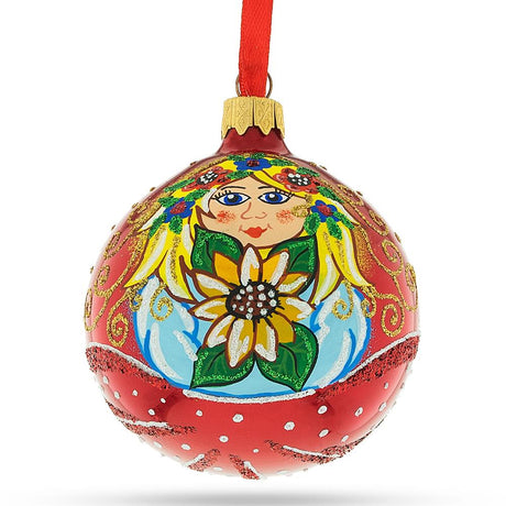 Blossoming Beauty: Flower Girl Glass Christmas Ornament 3.25 Inches in Red color, Round shape