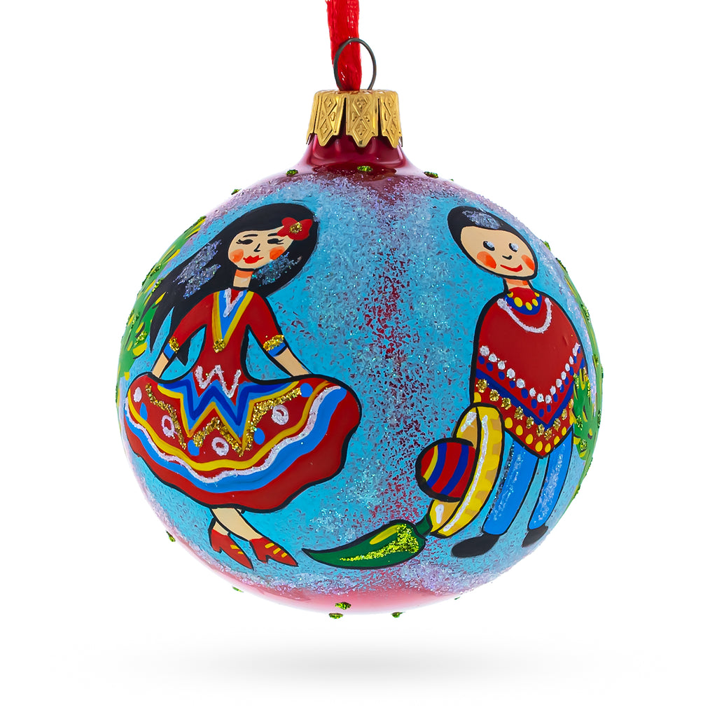 Latin American Dancers Glass Christmas Ornament 3.25 Inches in Blue color Round