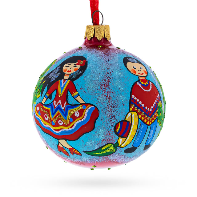Latin American Dancers Blown Glass Christmas Ornament 3.25 Inches in Blue color Round