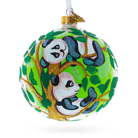 Adorable Panda Bears on Tree Branch Blown Glass Ball Christmas Ornament 4 Inches in Multi color, Round shape