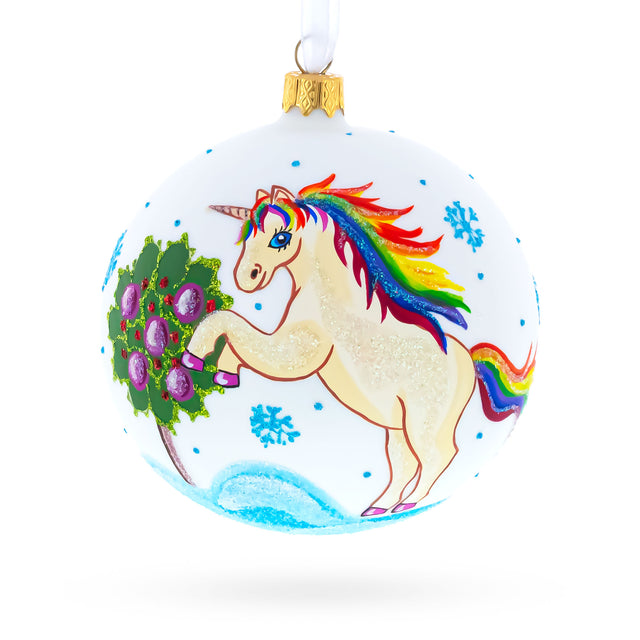 Enchanting Unicorn Glass Ball Christmas Ornament 4 Inches in White color Round
