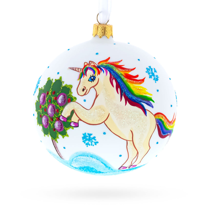 Enchanting Unicorn Glass Ball Christmas Ornament 4 Inches in White color Round