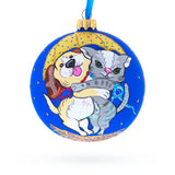 Playful Cat & Dog Glass Ball Christmas Ornament 4 Inches in Blue color Round
