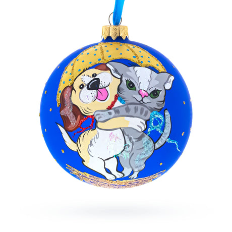 Playful Cat & Dog Glass Ball Christmas Ornament 4 Inches in  color Round