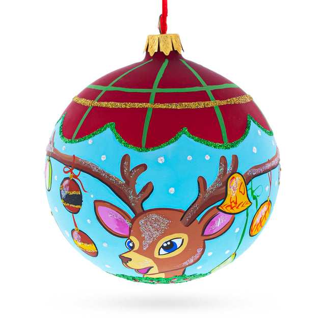 Decorated Deer Horns Glass Ball Christmas Ornament 4 Inches in Multi color Round
