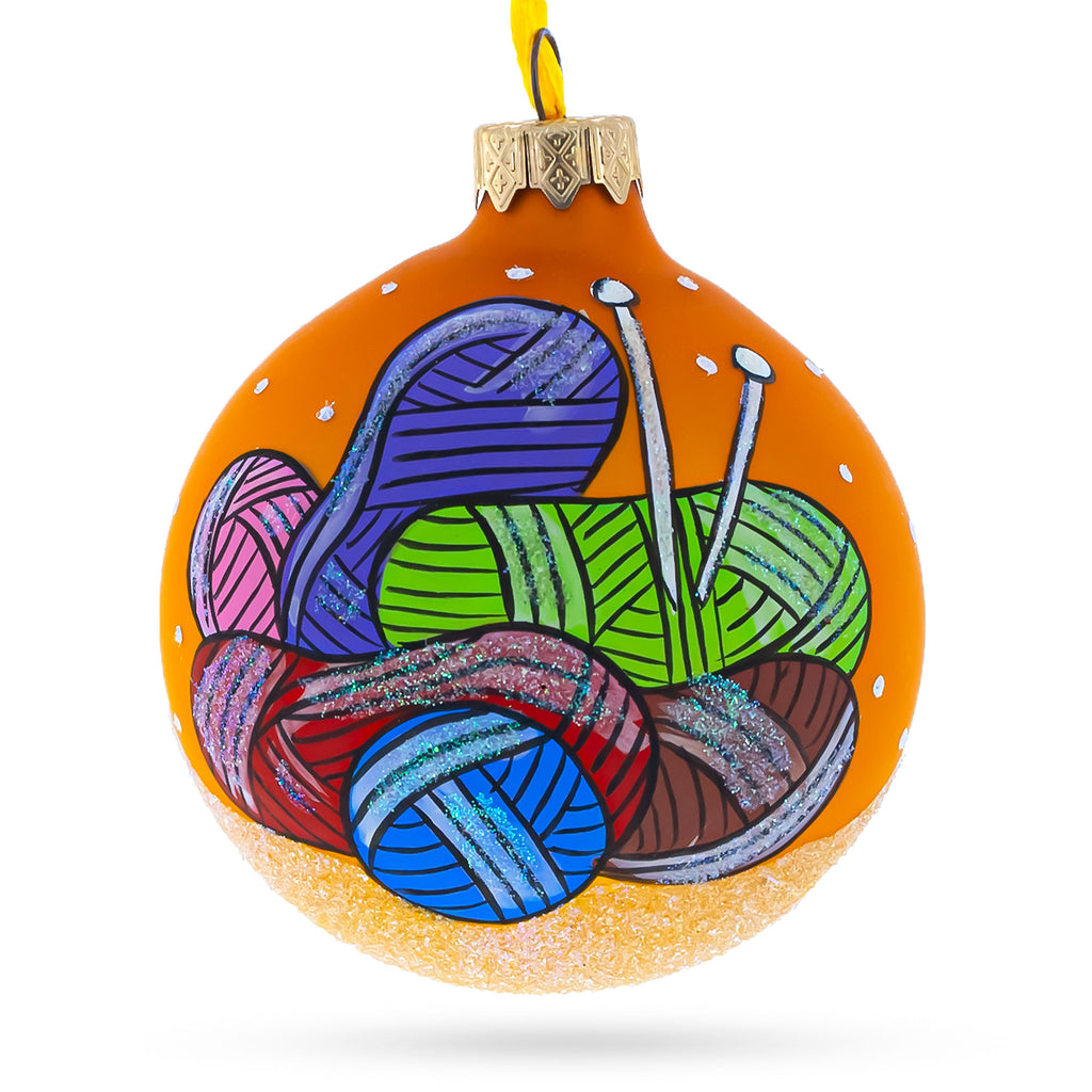 I Love Knitting Glass Christmas Ornament 3.25 Inches in Orange color Round