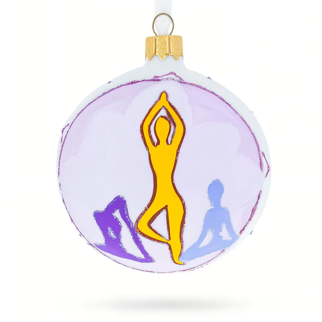 Yoga Glass Ball Ornament 3.25 Inches in Purple color Round