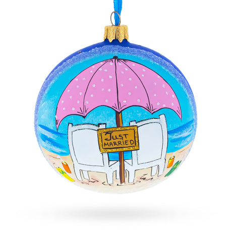 Just Married on the Beach Glass Ball Christmas Ornament 4 Inches in Blue color Round