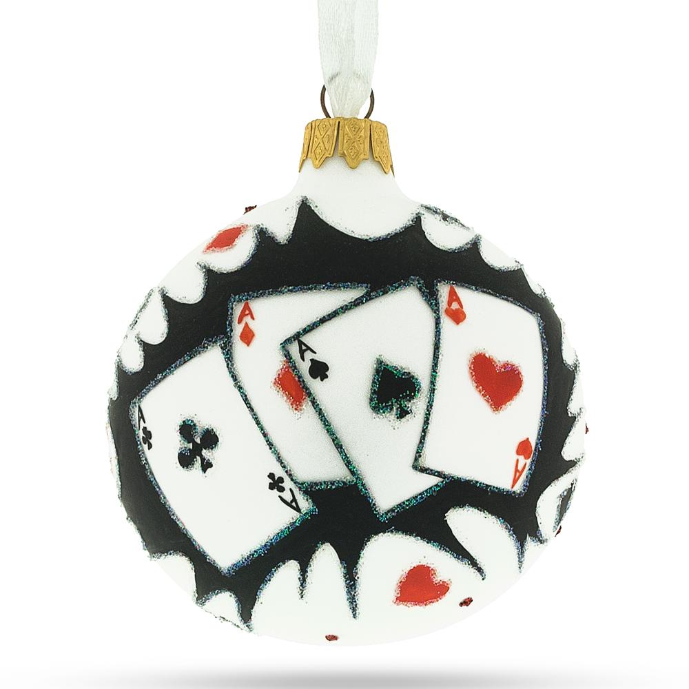 Game Night Glamour: Playing Cards Deck Blown Glass Christmas Ornament 3.25 Inches in White color, Round shape