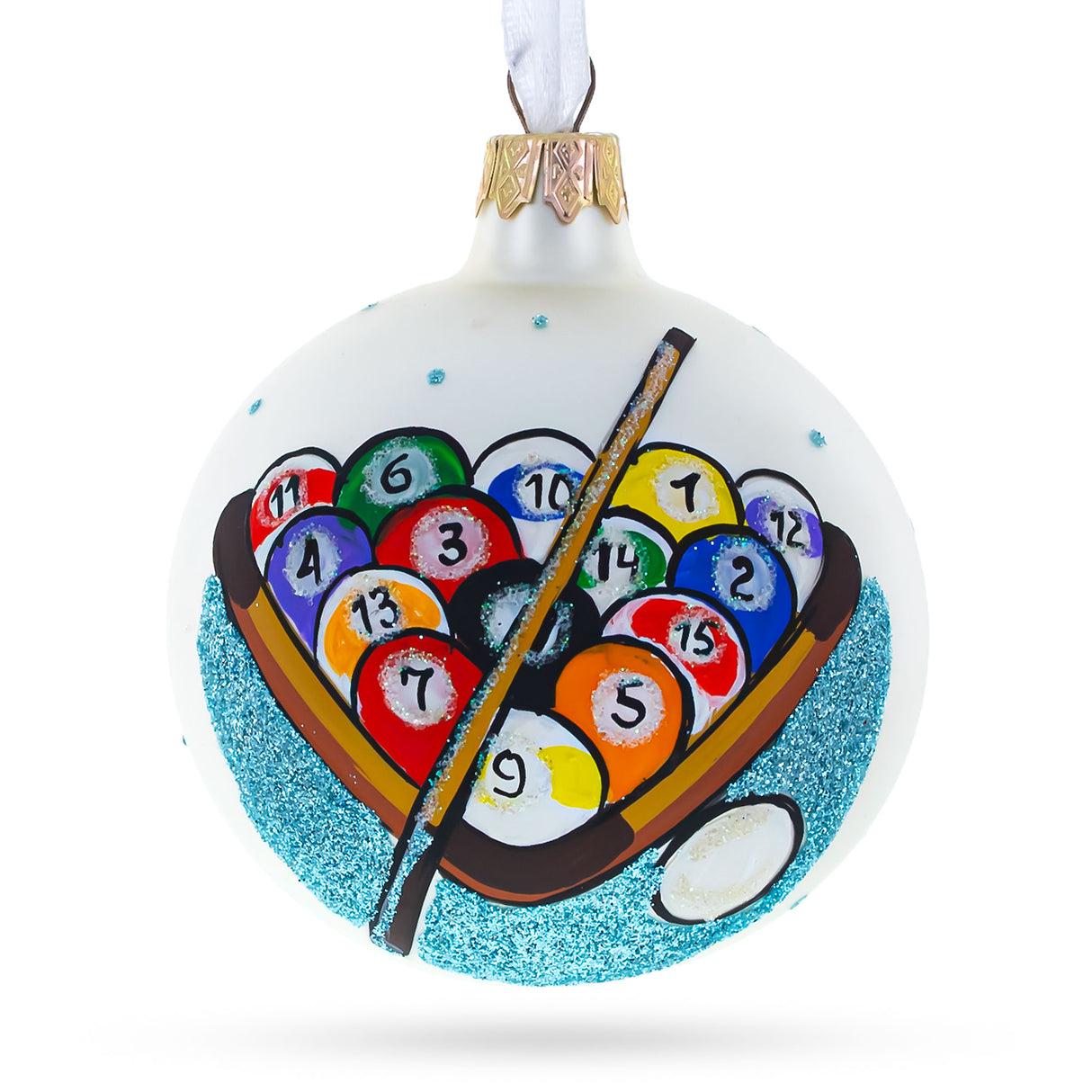 Rack 'Em Up: I Love Pool / Billiard Blown Glass Christmas Ornament 3.25 Inches in White color, Round shape