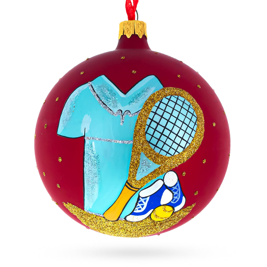 Tennis Glass Ball Christmas Ornament 4 Inches in Red color Round
