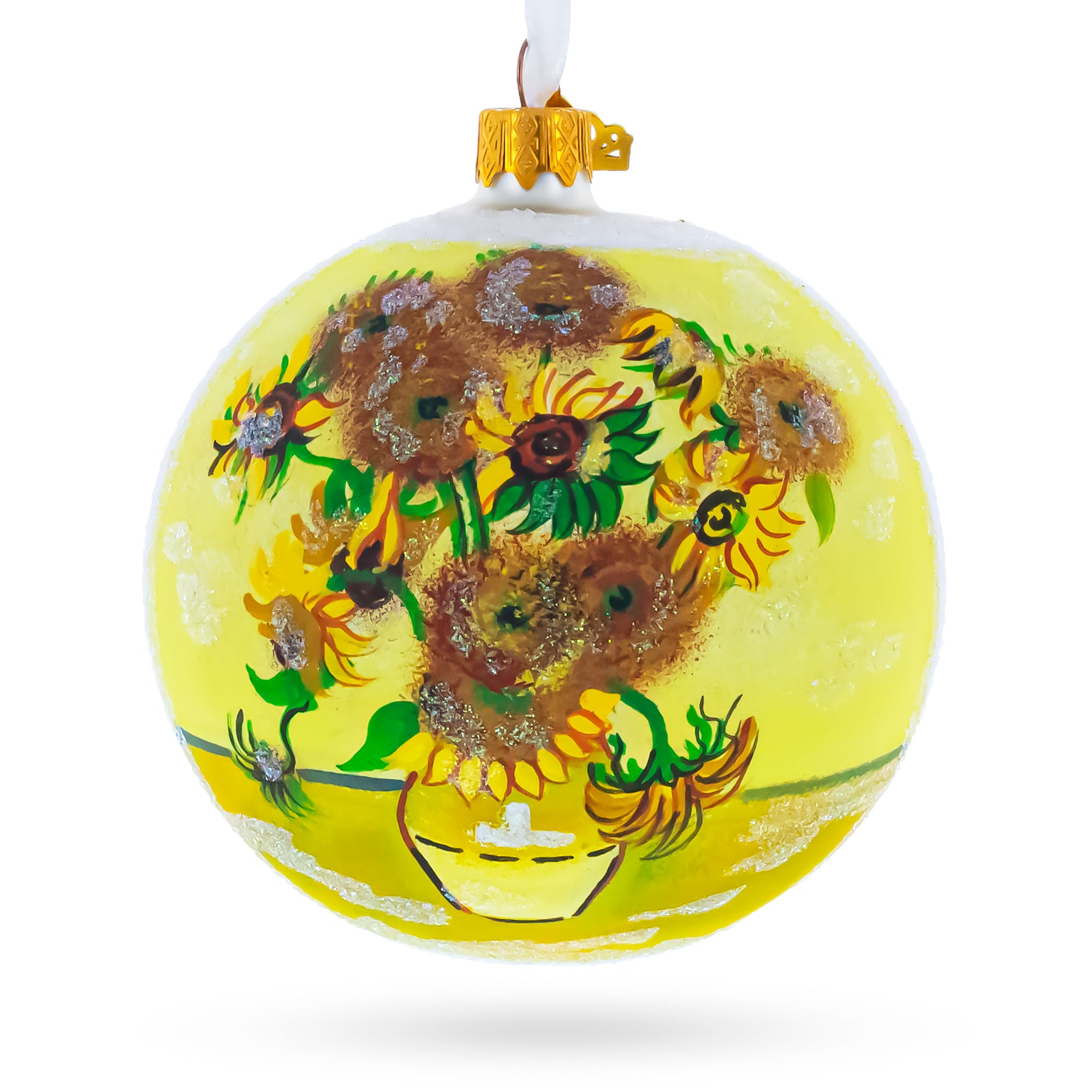 1887 'Sunflowers' by Vincent Van Gogh Glass Ball Christmas Ornament 4 Inches in Yellow color Round