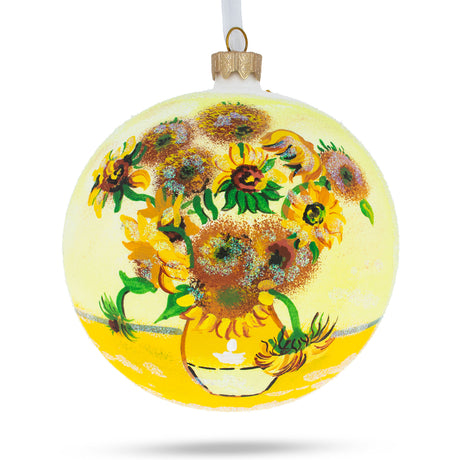 Glass 1887 'Sunflowers' by Vincent Van Gogh Blown Glass Ball Christmas Ornament 4 Inches in Yellow color Round