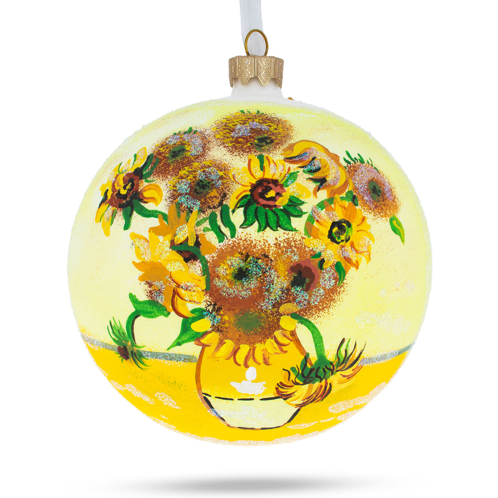 Golden Blooms: 1887 'Sunflowers' by Vincent Van Gogh Blown Glass Ball Christmas Ornament 4 Inches in Yellow color, Round shape