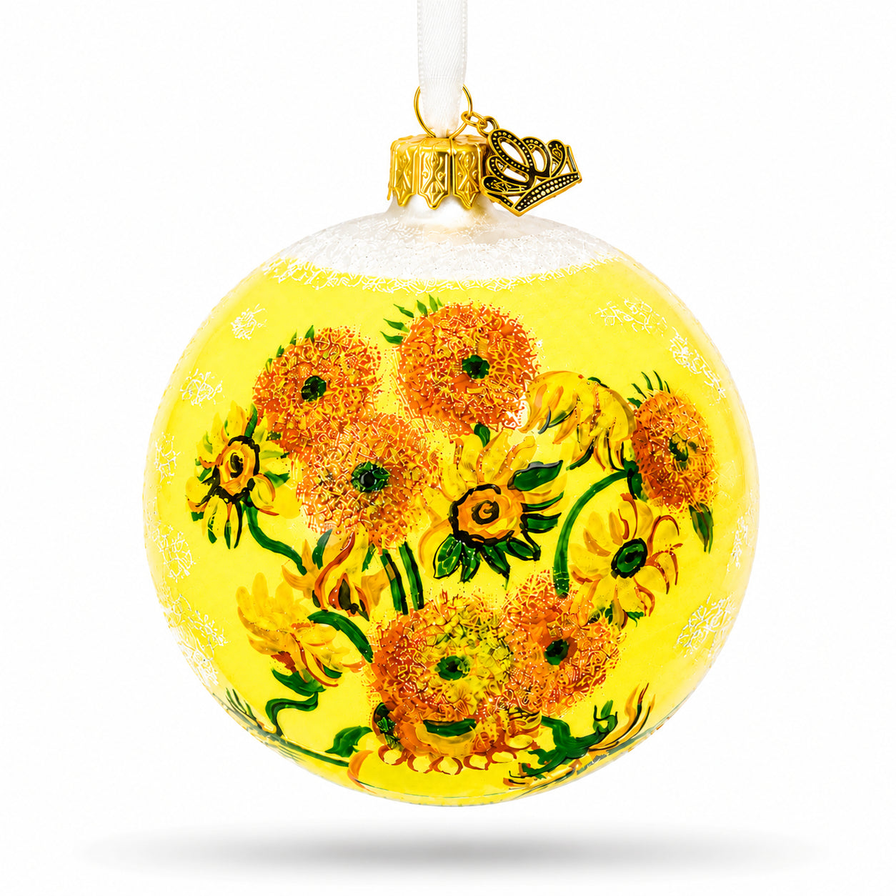1887 'Sunflowers' by Vincent Van Gogh Glass Ball Christmas Ornament 4 Inches in Yellow color Round