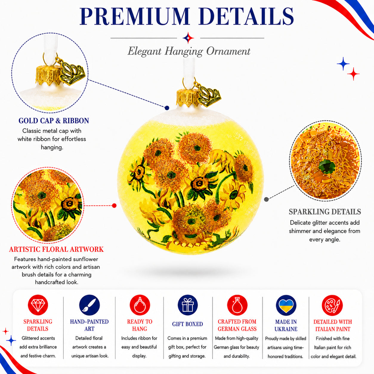 BestPysanky online gift shop sells sunflowers vincent van gogh glass ball christmas ornament ornaments artworks yellow floral cm material crafted german creation method mouth blown hand painted finish detailed italian paint accent enhanced colorful ribbon hanging design styled usa
