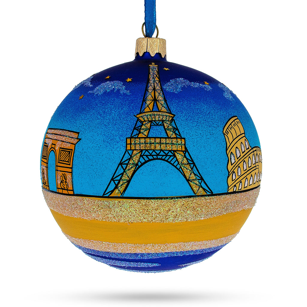 European Travel Attractions Glass Ball Christmas Ornament 4 Inches in Multi color, Round shape