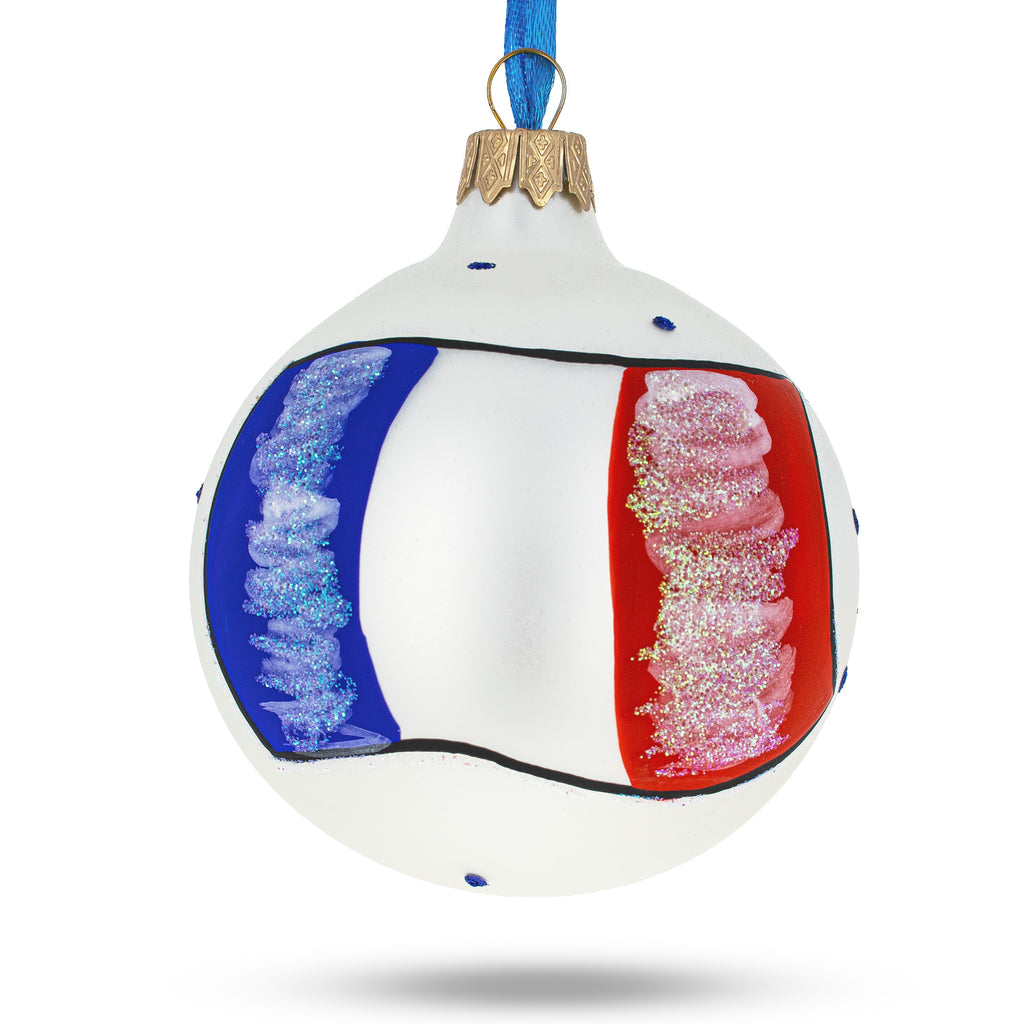 Glass Flag of France Blown Glass Ball Christmas Ornament 3.25 Inches in Multi color Round