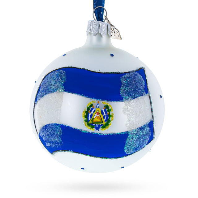 Central American Pride: Flag of El Salvador Blown Glass Ball Christmas Ornament 3.25 Inches in Multi color, Round shape