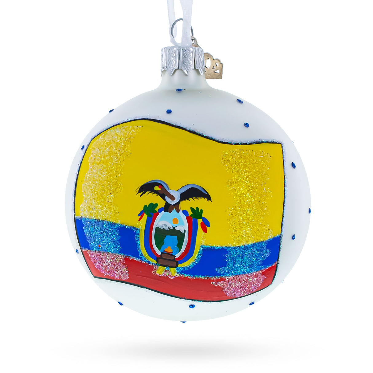 Elegant Ecuadorian Flag Blown Glass Ball Christmas Ornament 3.25 Inches in Multi color, Round shape