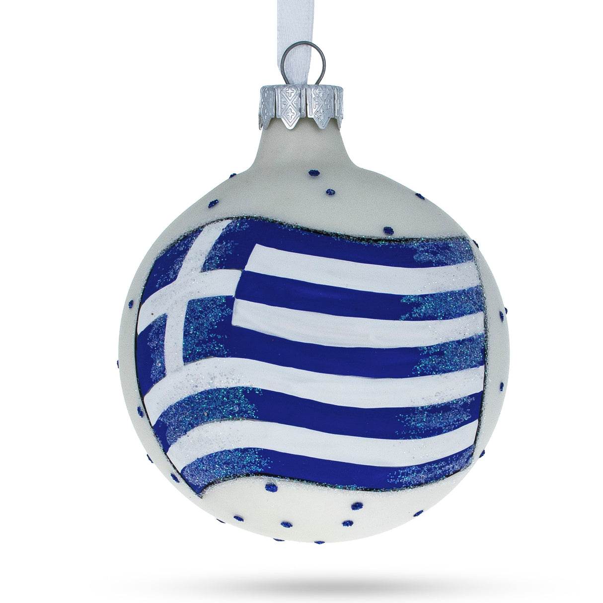 Flag of Greece Blown Glass Ball Christmas Ornament 3.25 Inches in Blue color, Round shape