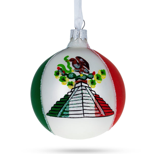 Colorful Mexican Flag Blown Glass Ball Christmas Ornament 3.25 Inches in Multi color, Round shape