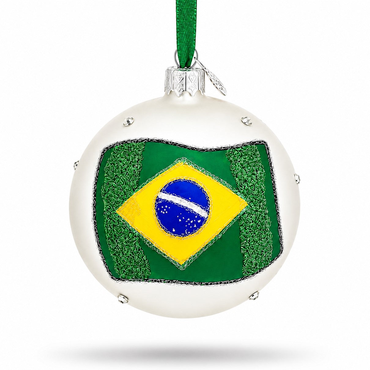 Flag of Brazil Glass Ball Christmas Ornament 3.25 Inches in Green color Round
