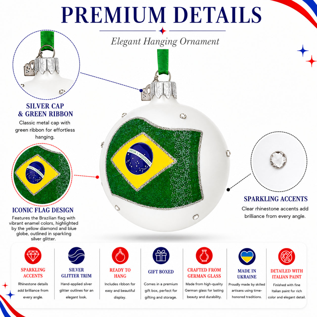 BestPysanky online gift shop sells flag brazil glass ball christmas ornament ornaments flags green cm material crafted german creation method mouth blown hand painted finish detailed italian paint accent enhanced colorful ribbon hanging design styled usa manufacturing skillfully