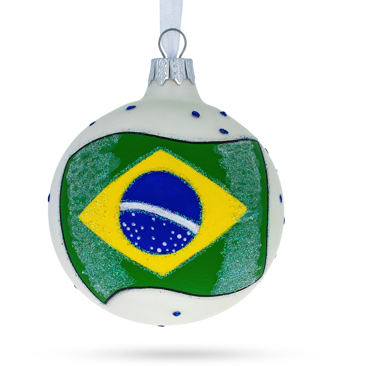 Glass Flag of Brazil Blown Glass Ball Christmas Ornament 3.25 Inches in Green color Round