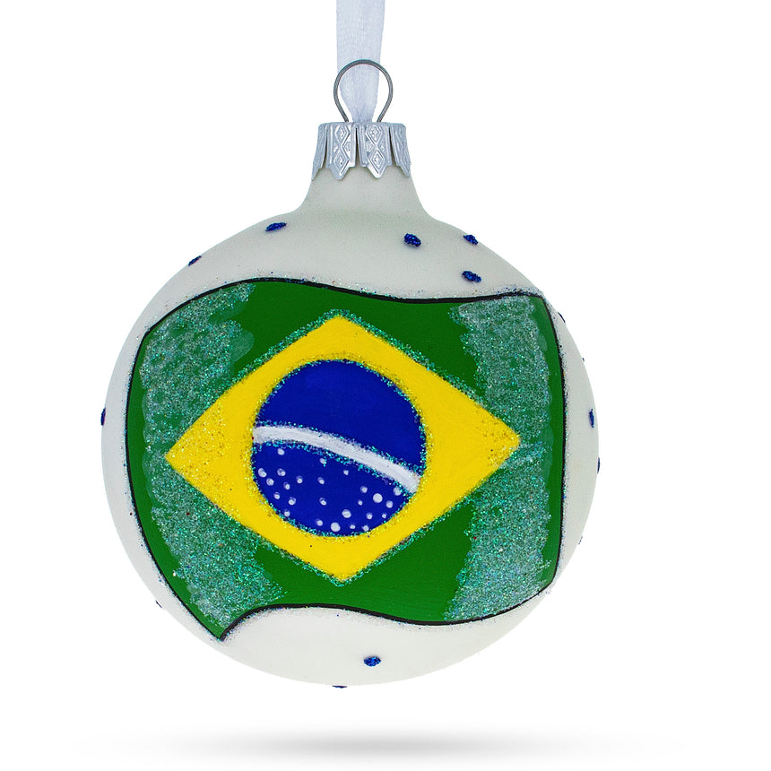 Flag of Brazil Glass Ball Christmas Ornament 3.25 Inches in  color Round