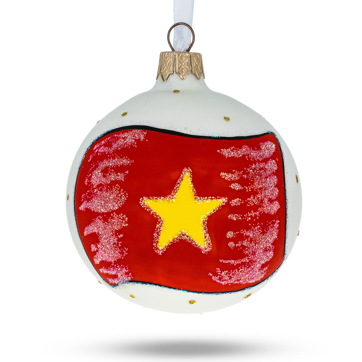 Glass Flag of Vietnam Blown Glass Ball Christmas Ornament 3.25 Inches in Red color Round