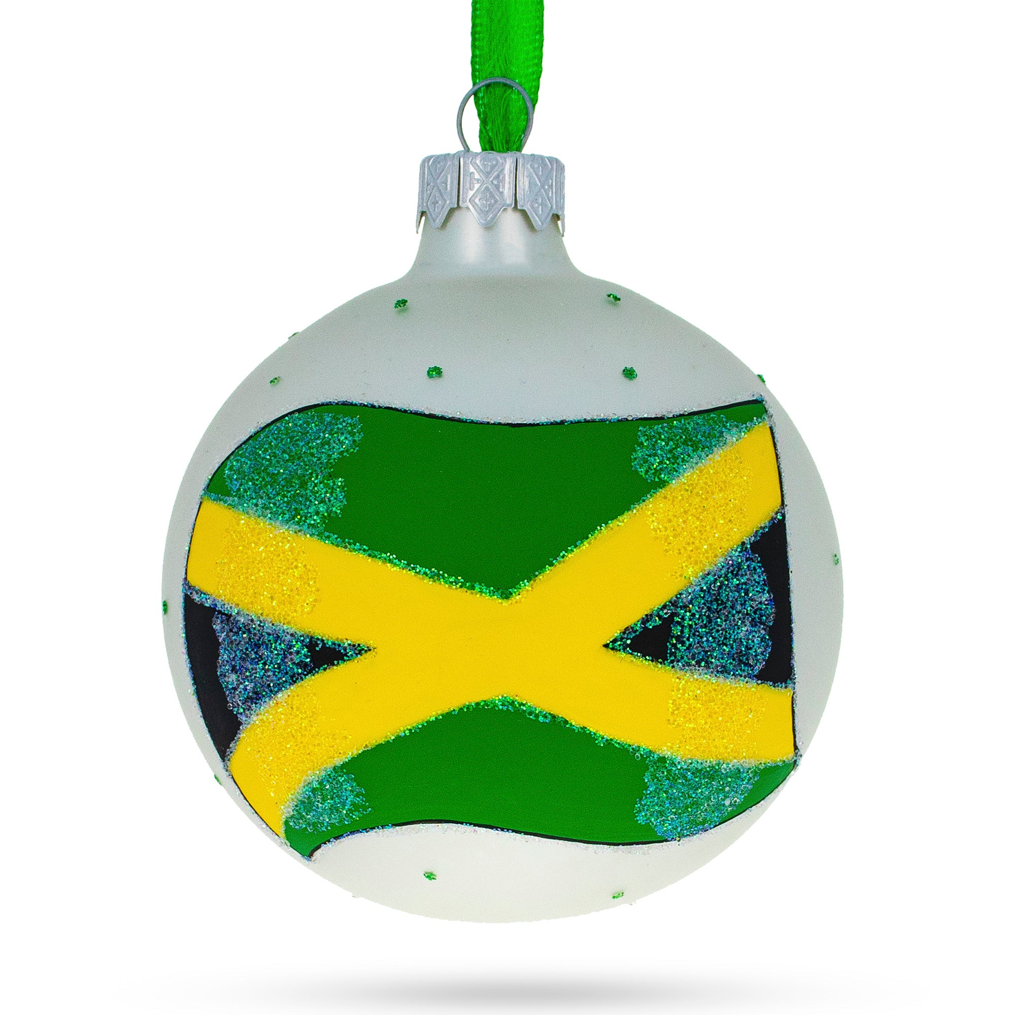 Flag of Jamaica Glass Ball Christmas Ornament 3.25 Inches in Green color Round